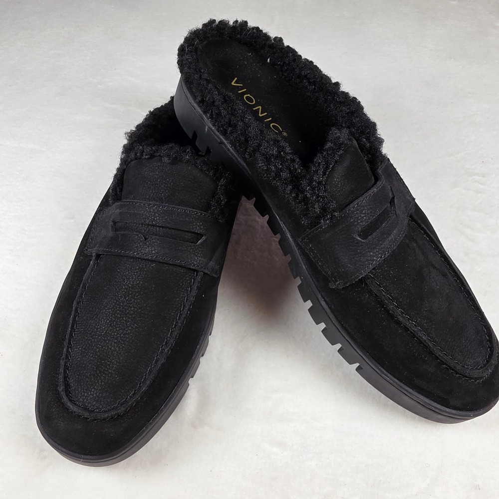 Vionic Uptown Mule Faux Fur Black Suede Penny Loafer Slides Womens 7 BD:07-2024